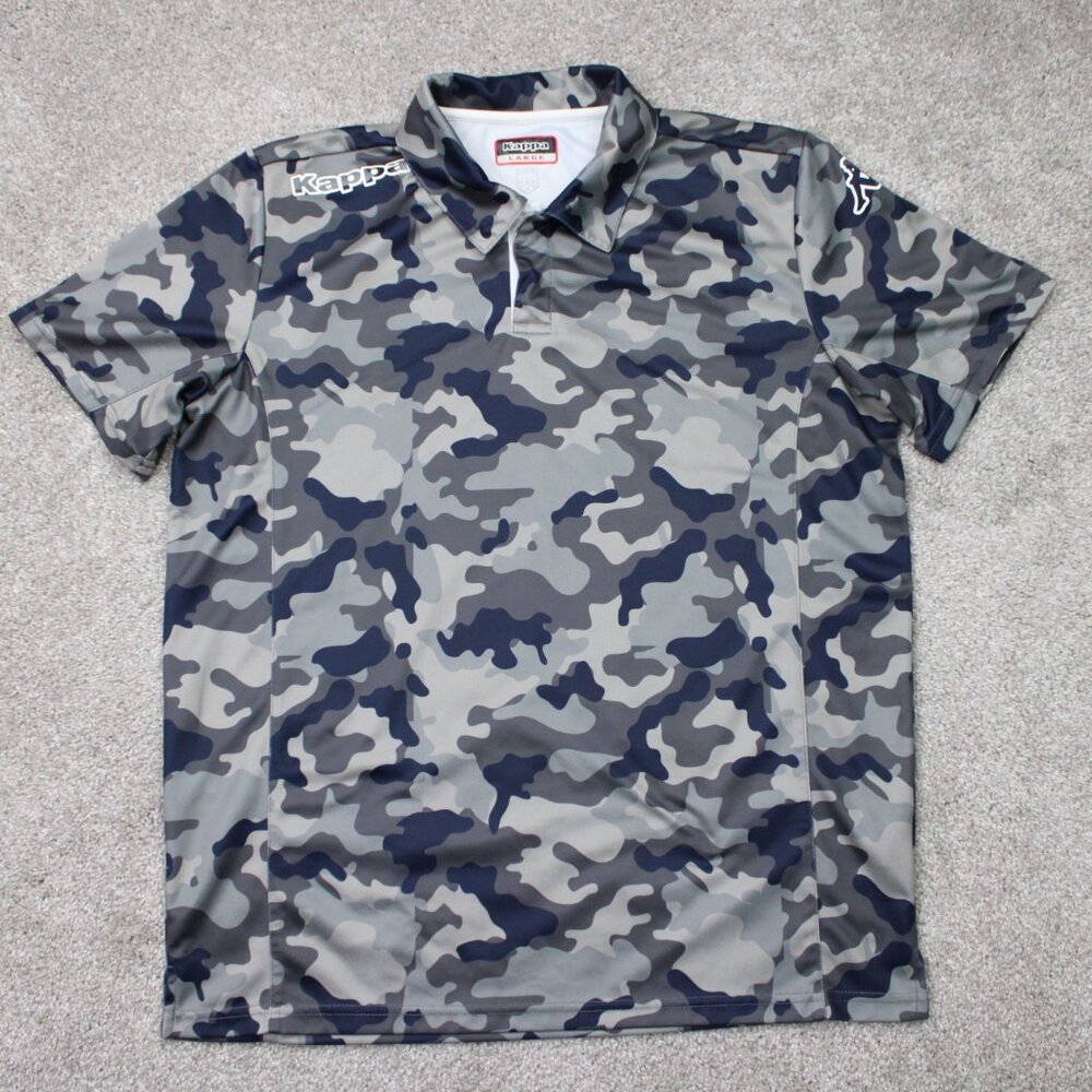 Kappa Polo Shirt Mens Large Blue/Gray Camo Short Sleeve 100% Polyester Pullover‎